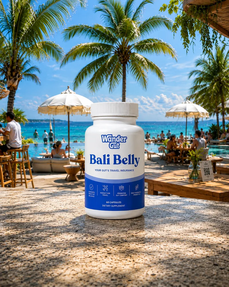 Wander Gut Bali Belly bottle at a Bali beach club table