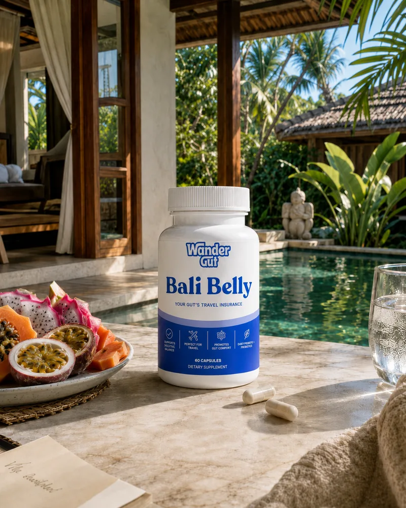 Wander Gut Bali Belly bottle beside a Bali villa pool with fresh tropical fruit