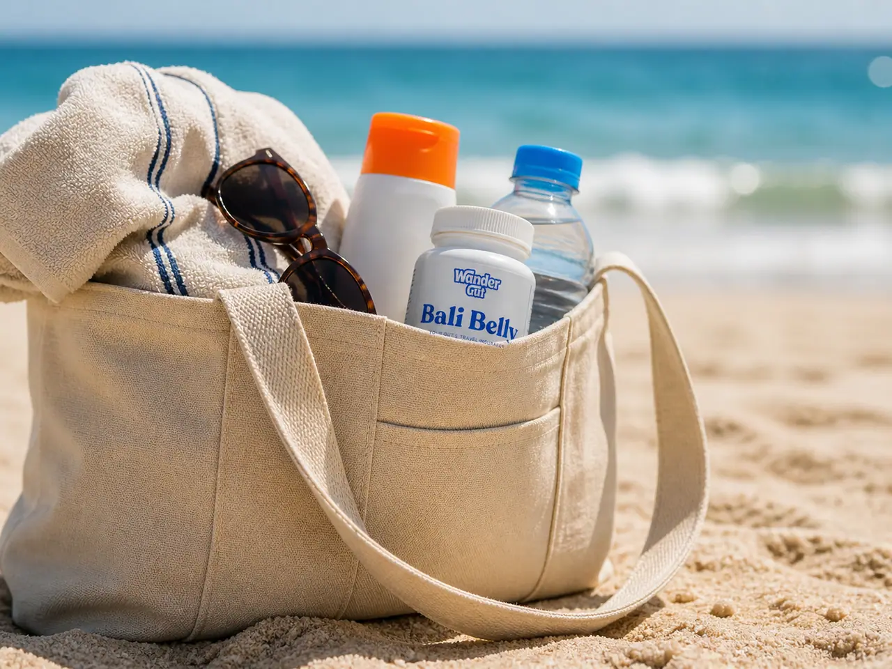 Wander Gut travel probiotic on a tropical beach day