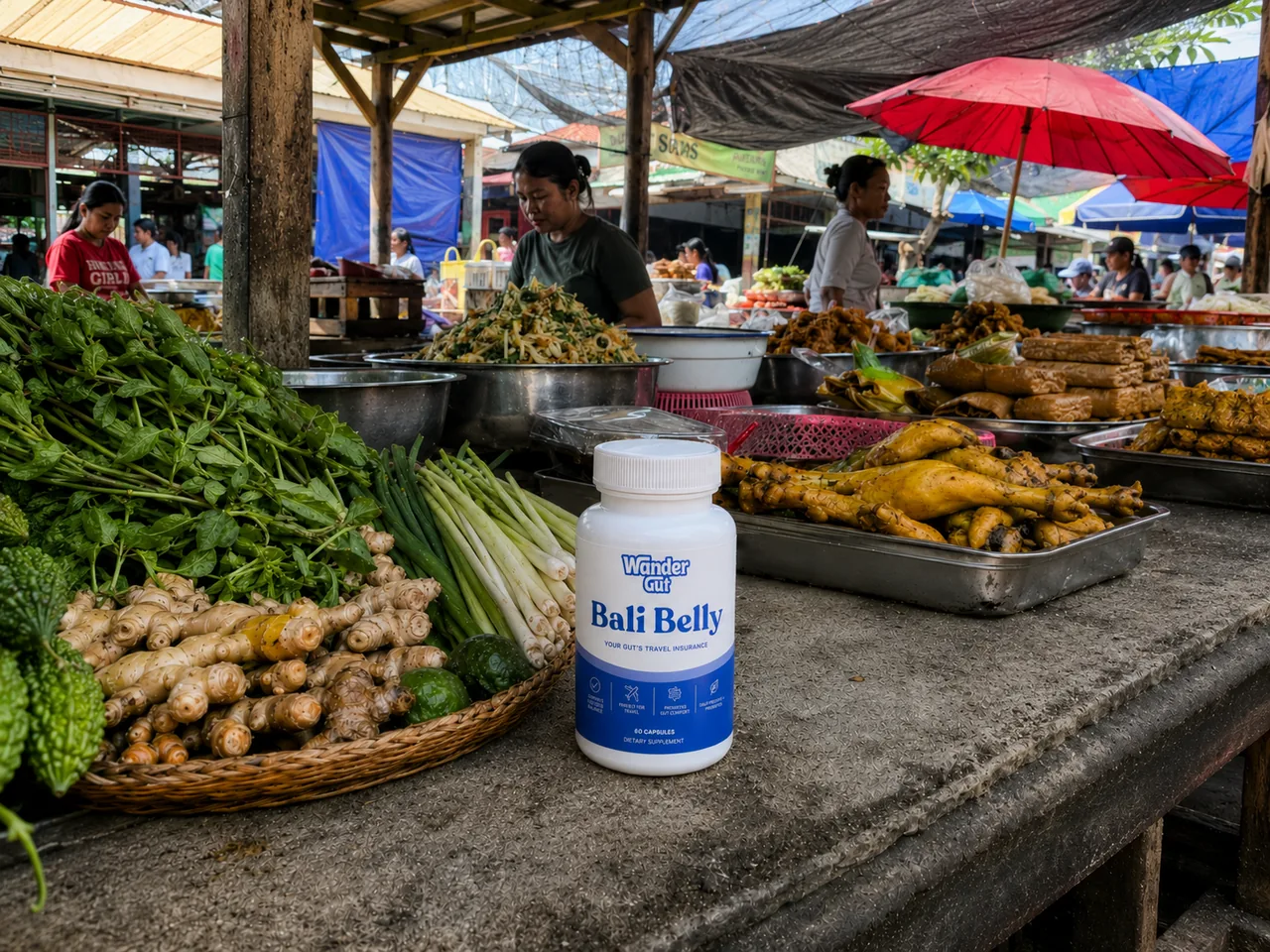 Wander Gut Bali Belly bottle on a local food market table with fresh ginger and herbs